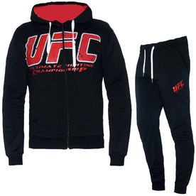 Спортен екип UFC, черен с червено, памук и ликра, с качулка.