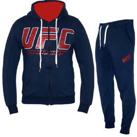 Спортен екип UFC, тъмно син с червено, памук и ликра, с качулка.